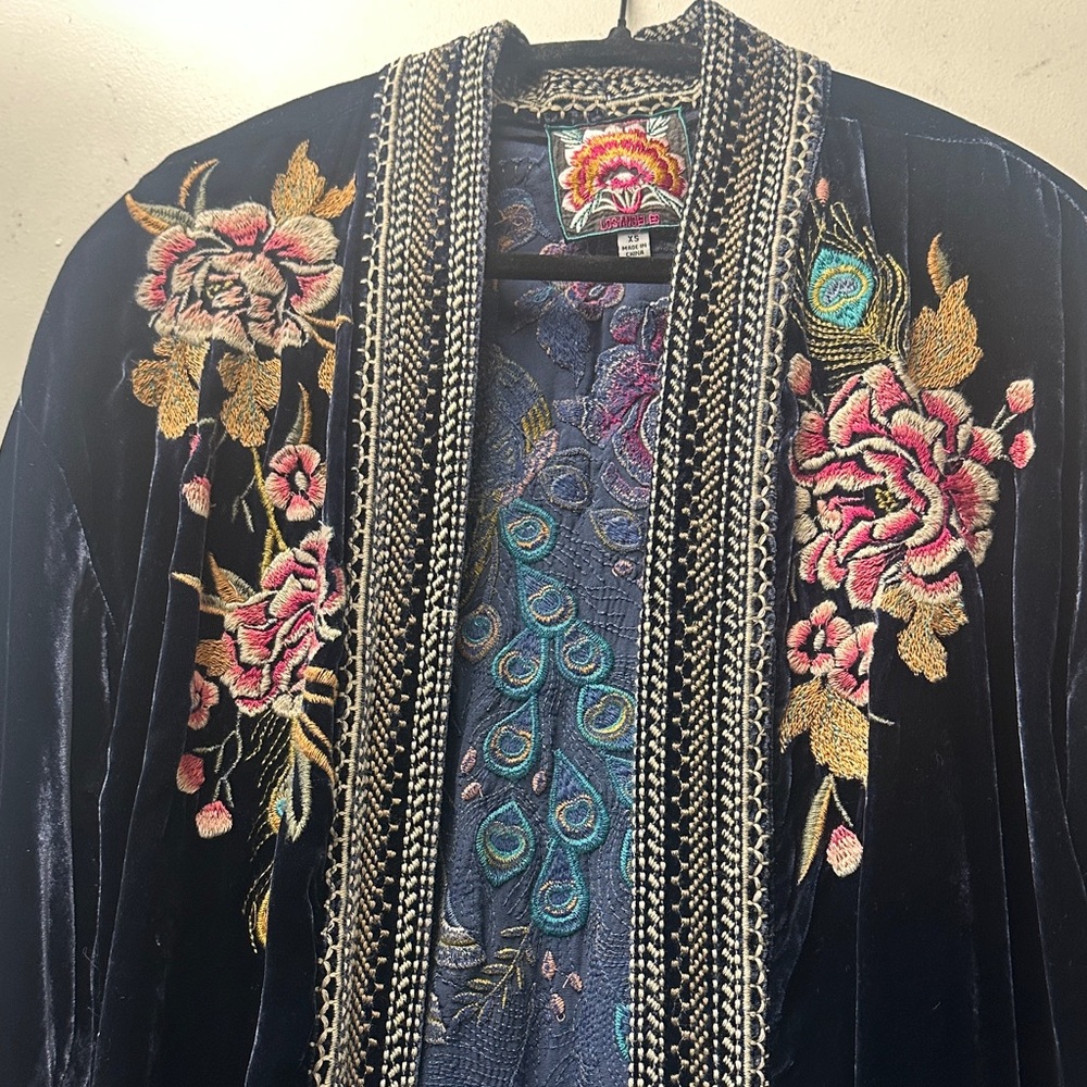 Johnny Was Blue Floral Embroidered Cardigan